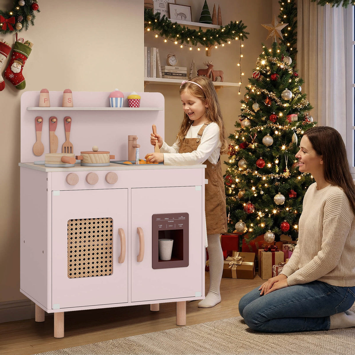 Play Kitchen for Kids with Realistic Ice Maker and Stove Cooking Toy Kitchen-Pink