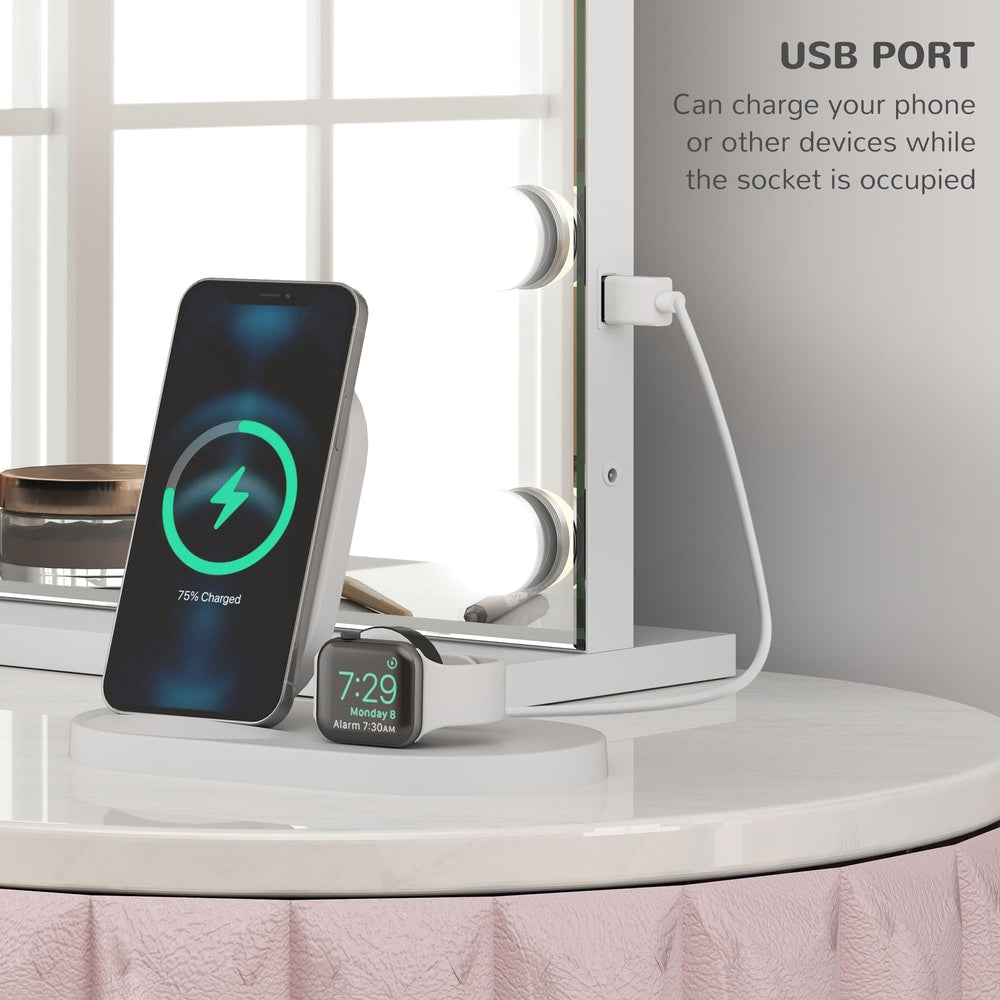 Close up of the USB charging port on the side of the lighted dressing table mirror