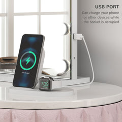 Close up of the USB charging port on the side of the lighted dressing table mirror
