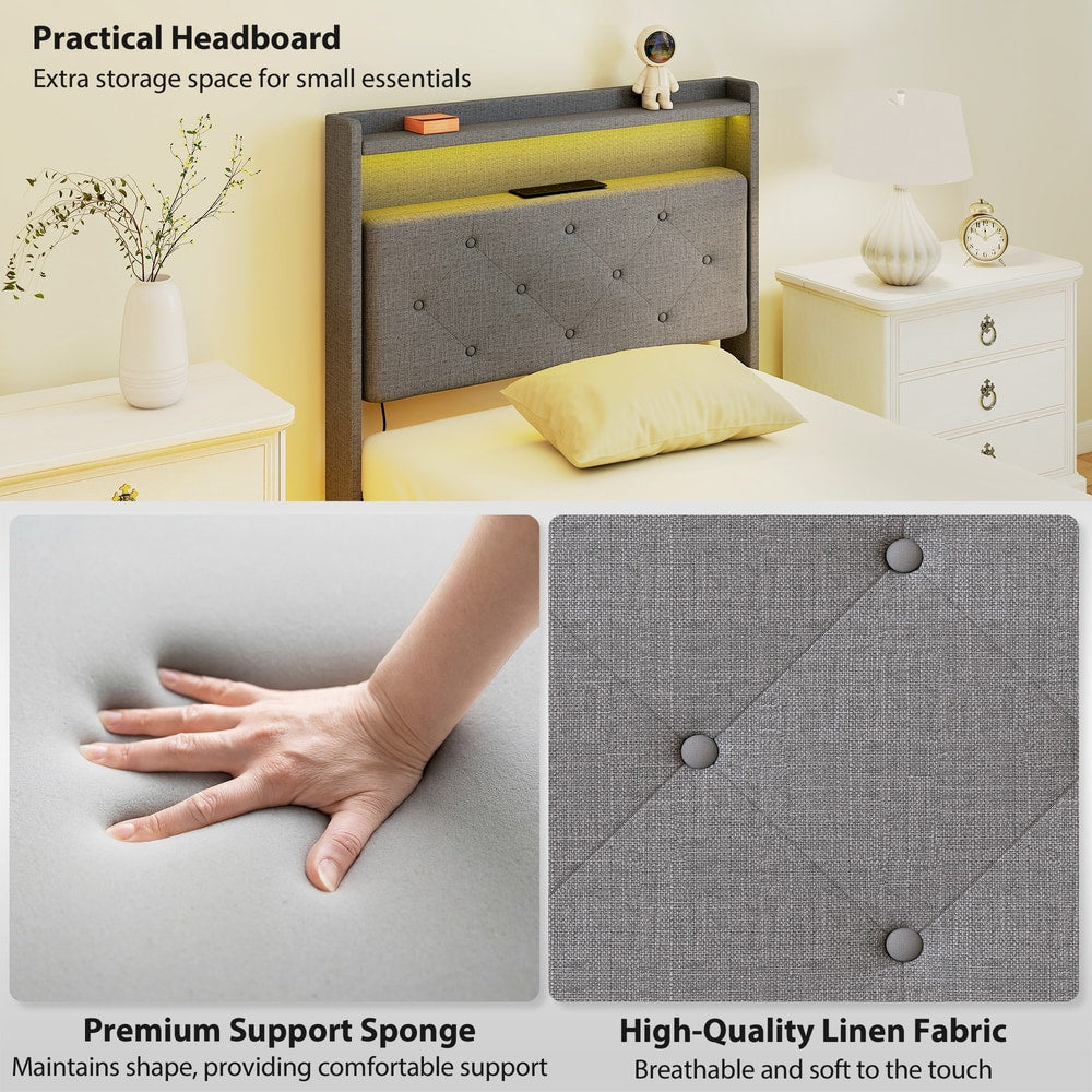 Close up of the upholstered headboard and storage shelf