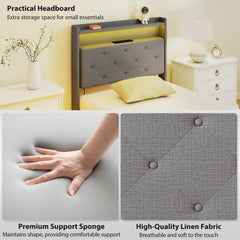 Close up of the upholstered headboard and storage shelf