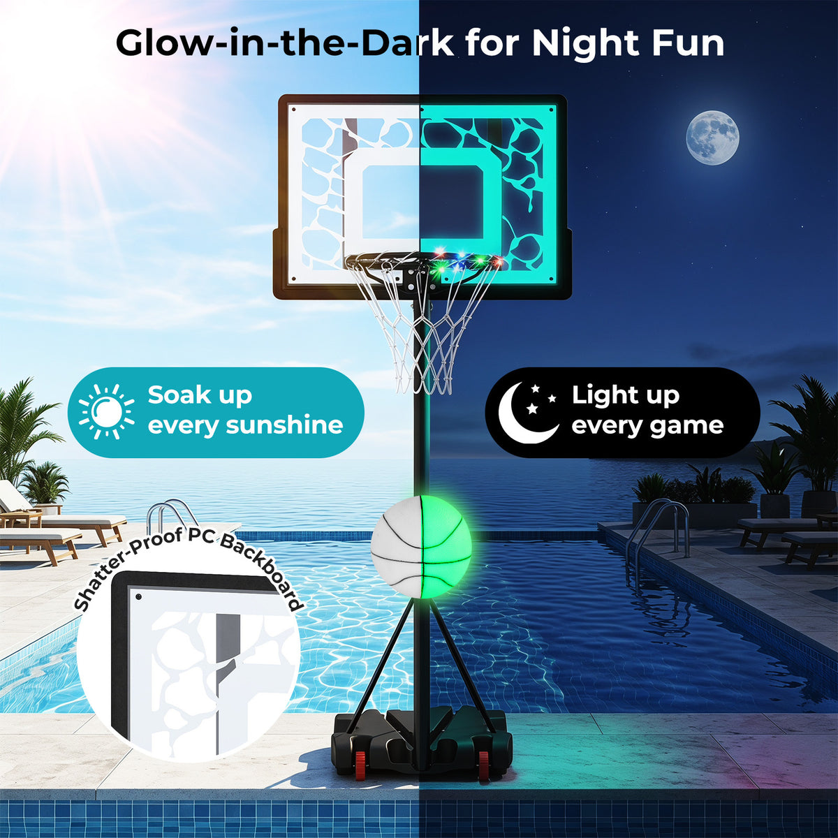 Pool Basketball Hoop with LED 8-Height Adjustable Swimming Pool Basketball