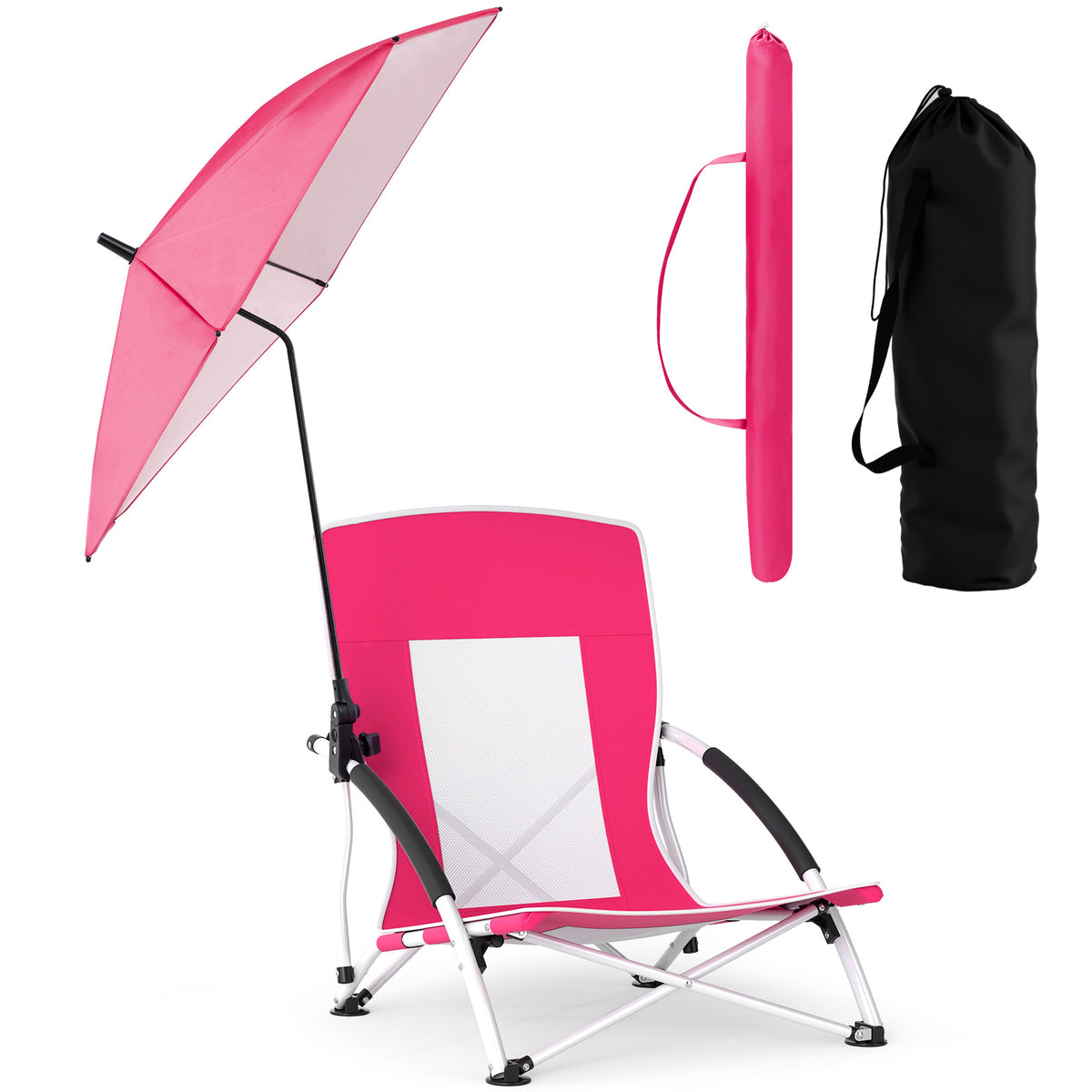 A pink beach chair with parasol, a folded parasol and a black carry bag