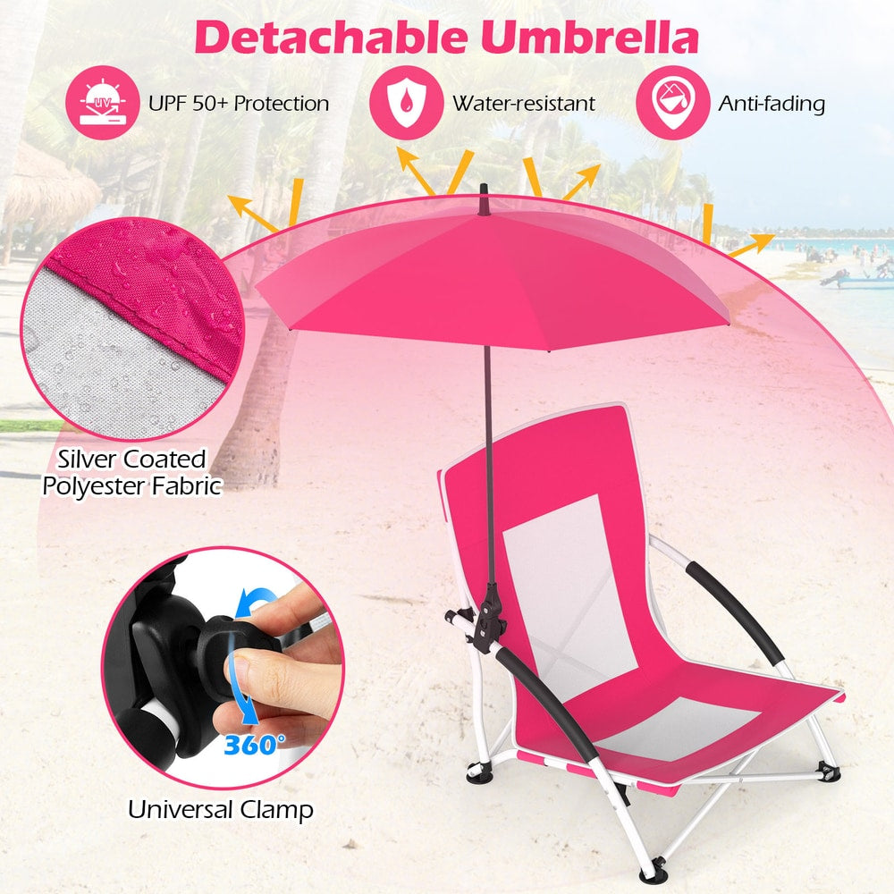 Close up of the pink beach chair with parasol, showing the universal clamp and fabric