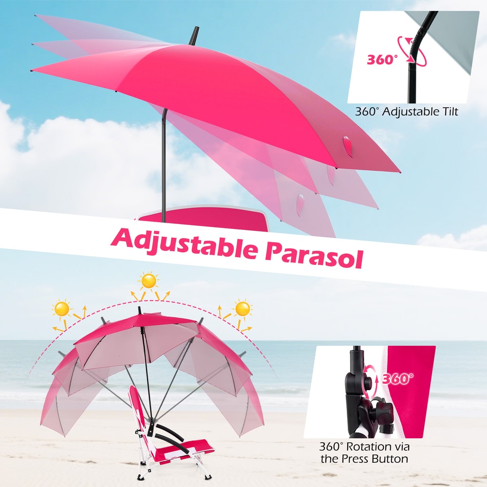 Diagram showing the adjustable tilt and rotation of the parasol on the pink beach chair