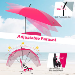 Diagram showing the adjustable tilt and rotation of the parasol on the pink beach chair