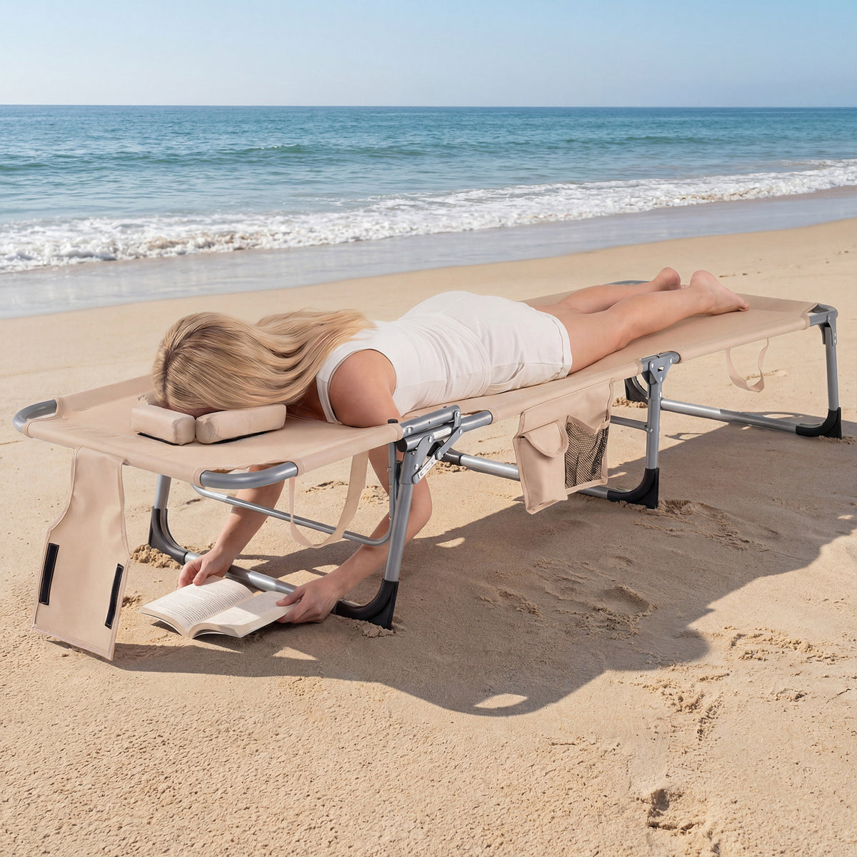 Portable Chaise Lounge Chair with 4-Position Adjustable Backrest and Face Arm Holes-Beige