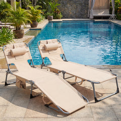 Portable Chaise Lounge Chair with 4-Position Adjustable Backrest and Face Arm Holes-Beige