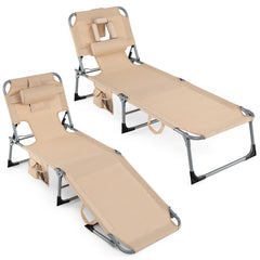 Portable Chaise Lounge Chair with 4-Position Adjustable Backrest and Face Arm Holes-Beige