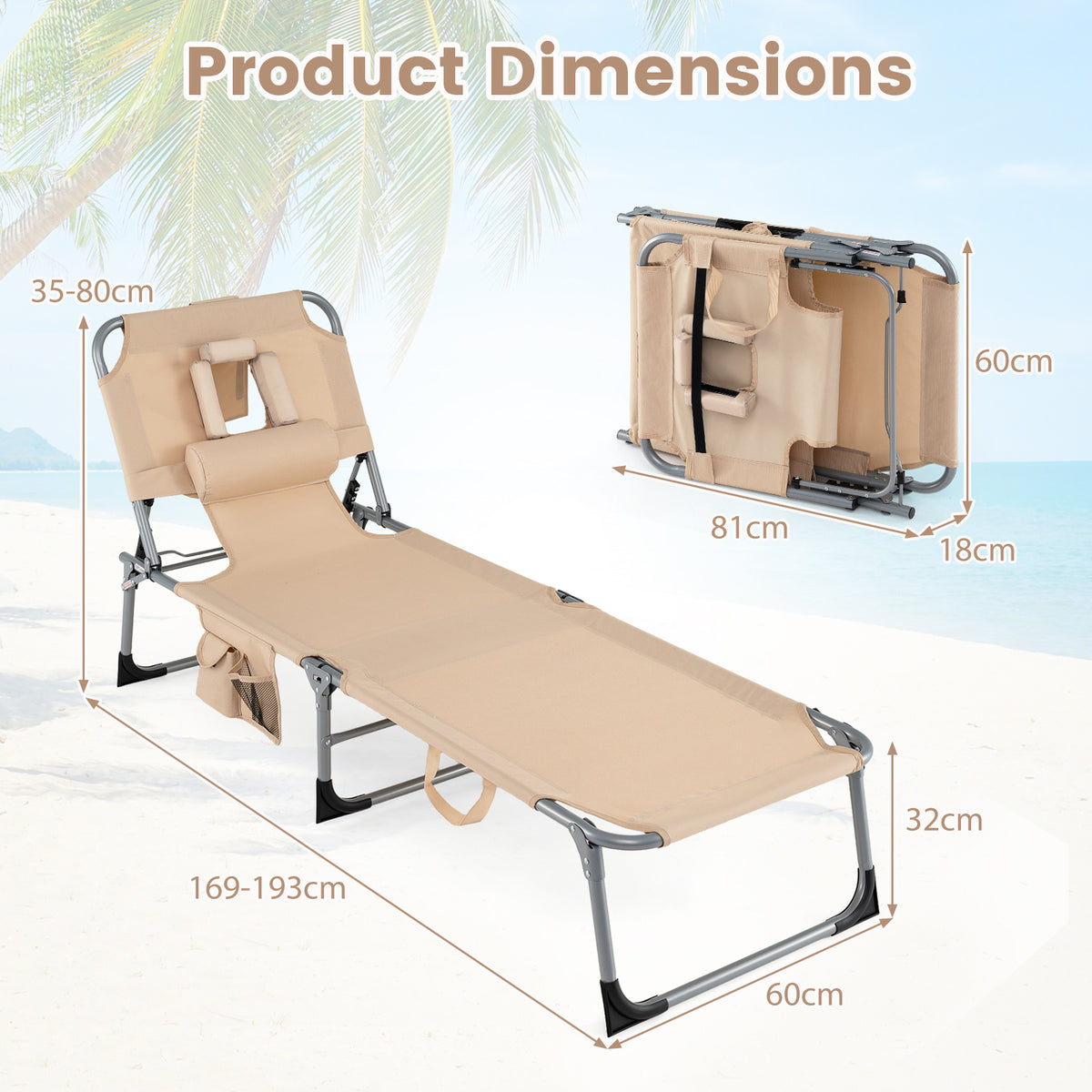 Portable Chaise Lounge Chair with 4-Position Adjustable Backrest and Face Arm Holes-Beige