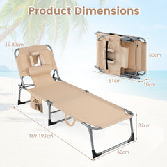 Portable Chaise Lounge Chair with 4-Position Adjustable Backrest and Face Arm Holes-Beige