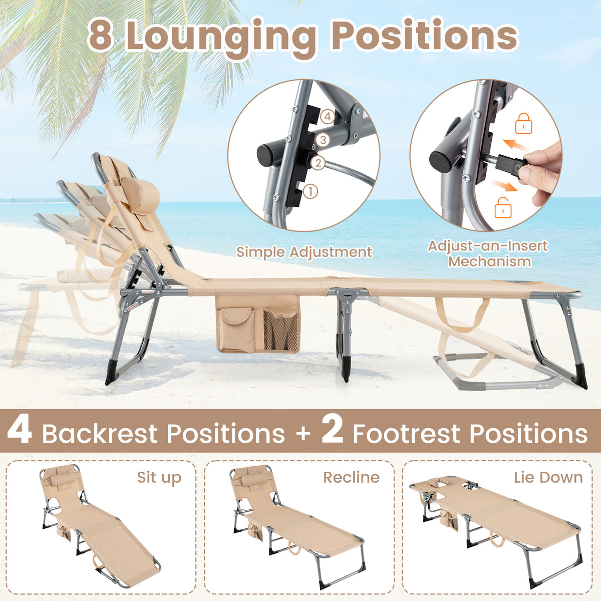 Portable Chaise Lounge Chair with 4-Position Adjustable Backrest and Face Arm Holes-Beige