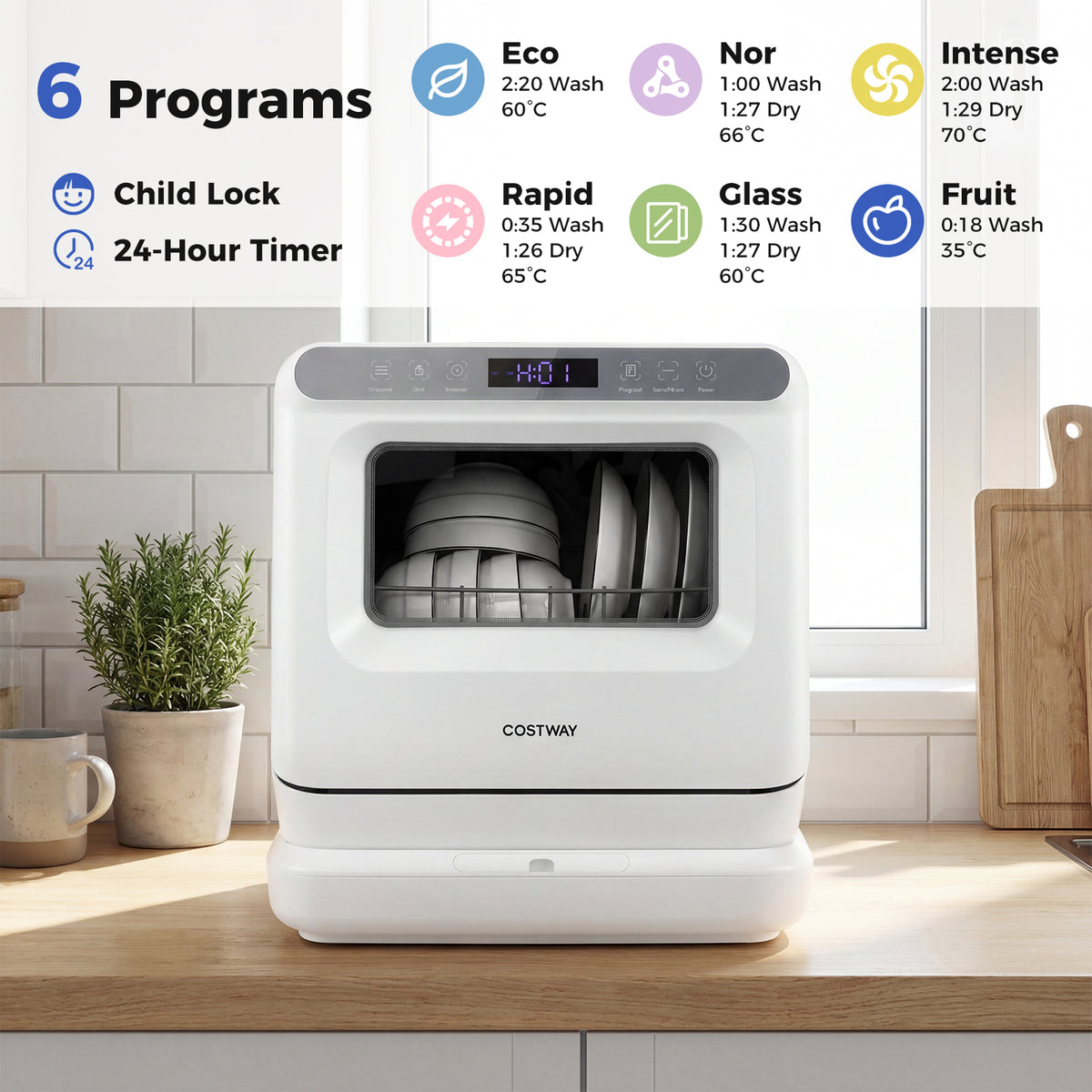 Portable Dishwasher with Preserve Function and 6 Programs