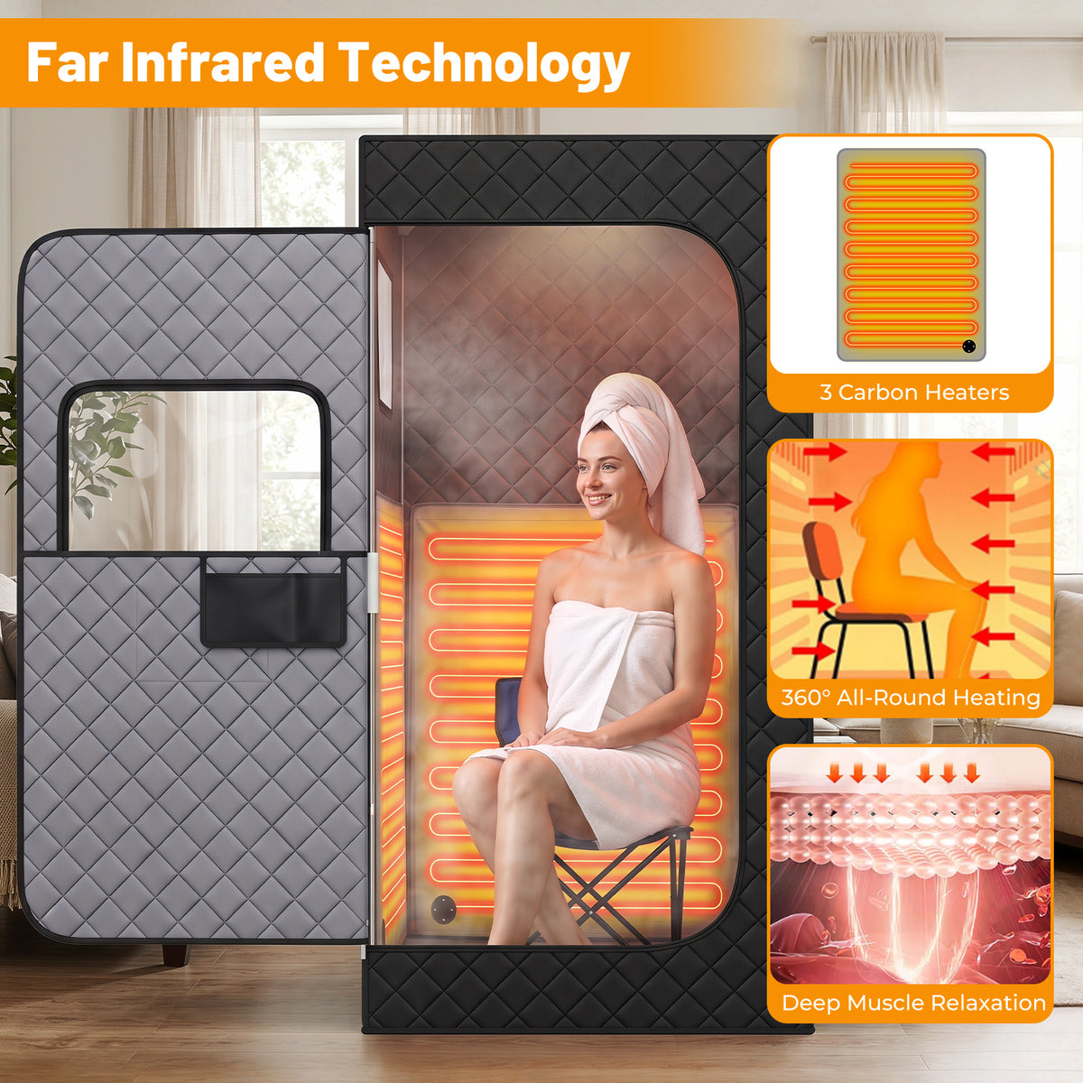 Portable Far Infrared Sauna Box for Home with Heated Foot Pad-Black
