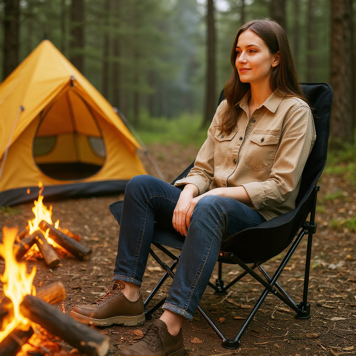Portable Folding Camping Chair with 2-Level Adjustable Backrest and Side Pocket-Black
