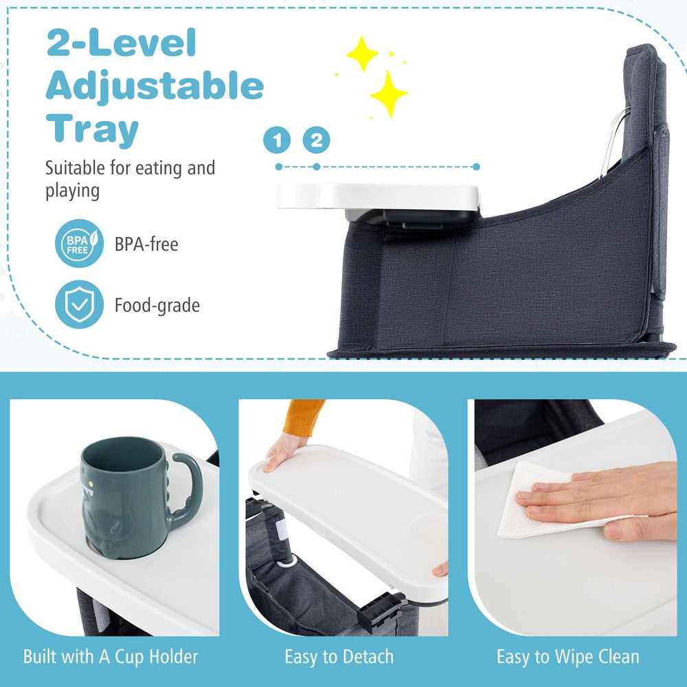 The feeding chair tray showing cup holder, detachment mechanism and easy wipe surface