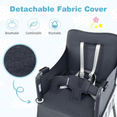 The feeding chair seat showing the harness and the removable grey fabric cover