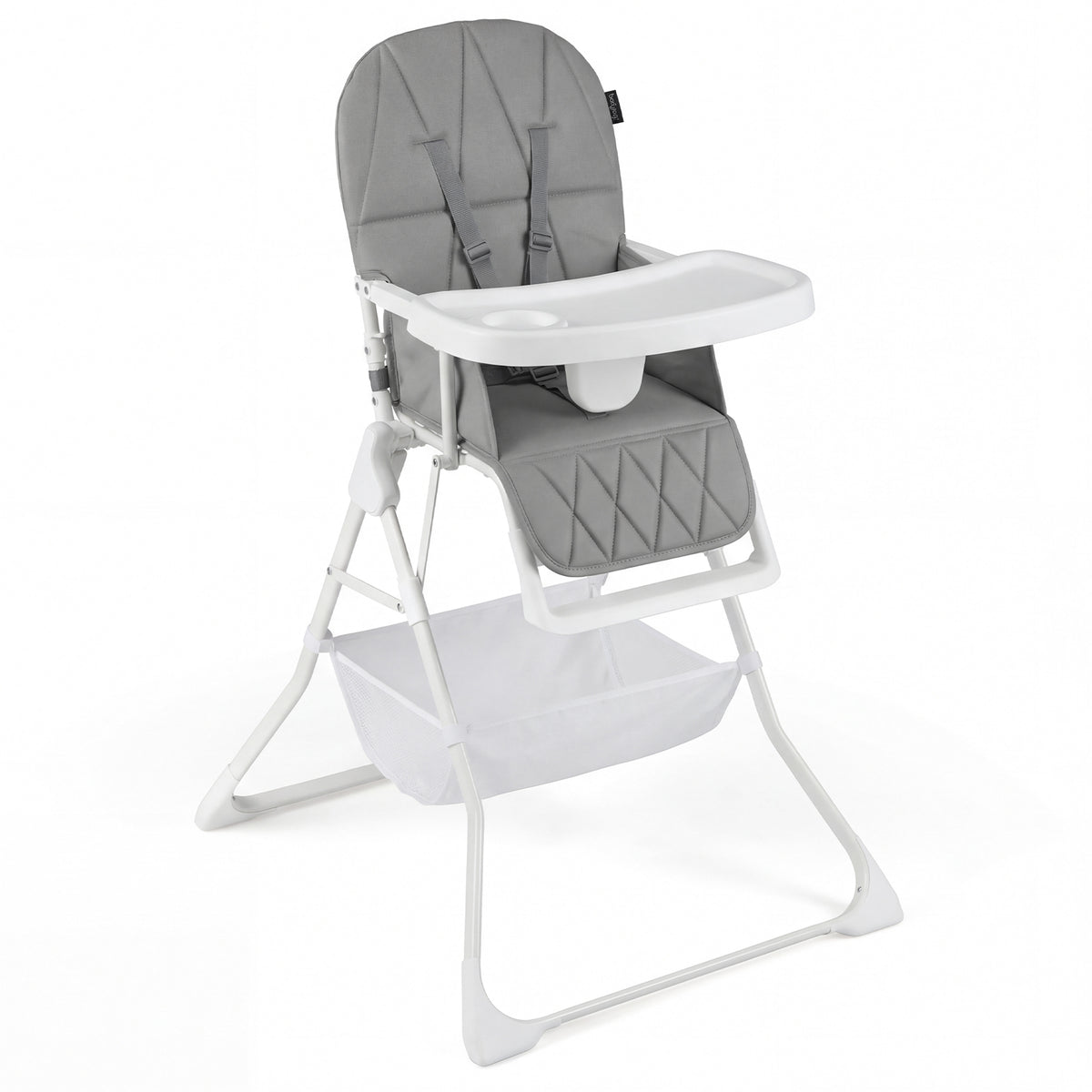 The grey portable high chair is shown from the front with the tray attached