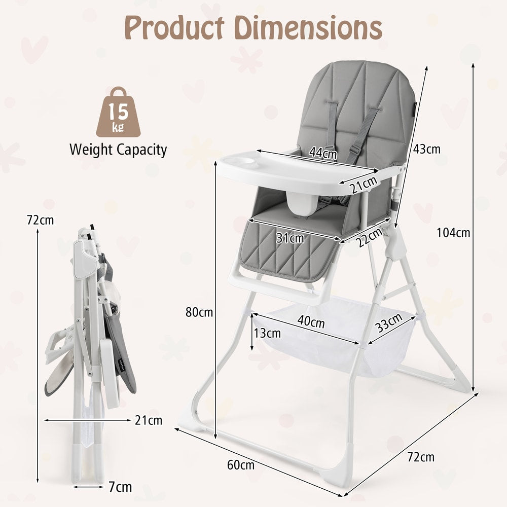 Product dimensions diagram for the grey portable high chair, showing measurements