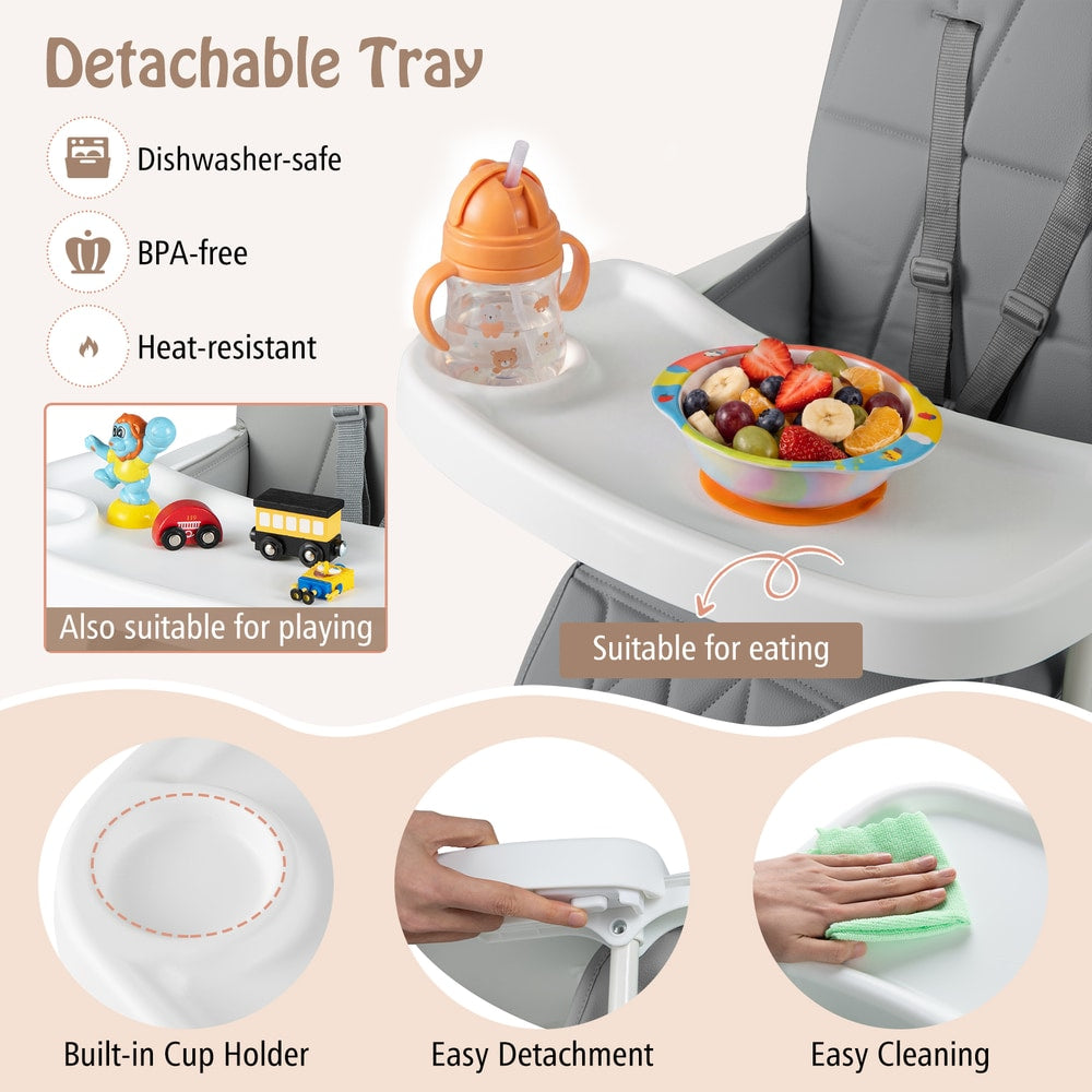 Features of the grey portable high chair including detachable tray and cup holder
