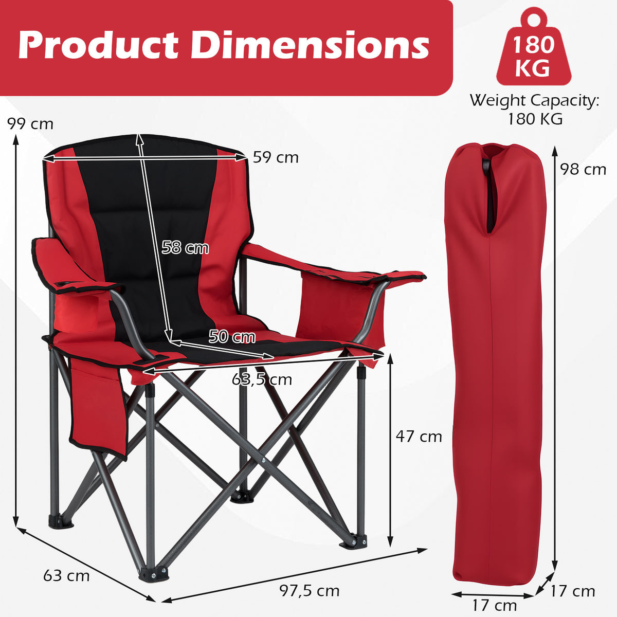 Portable Oversized Camping Chair with Zippered Cooler Pouch and Cup Holder-Red