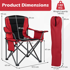 Portable Oversized Camping Chair with Zippered Cooler Pouch and Cup Holder-Red