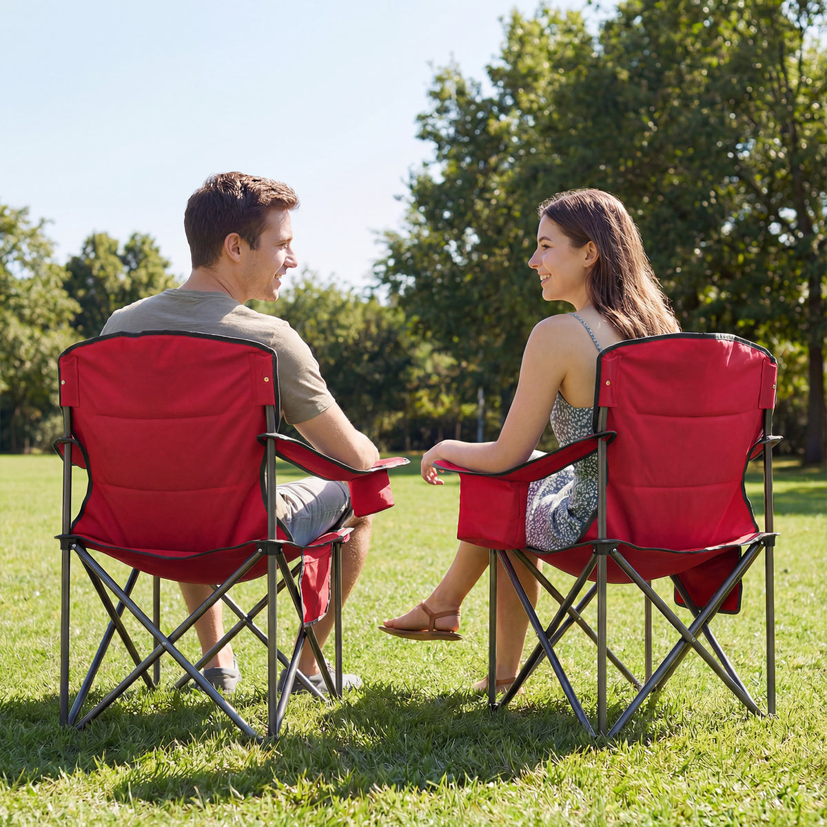 Portable Oversized Camping Chair with Zippered Cooler Pouch and Cup Holder-Red