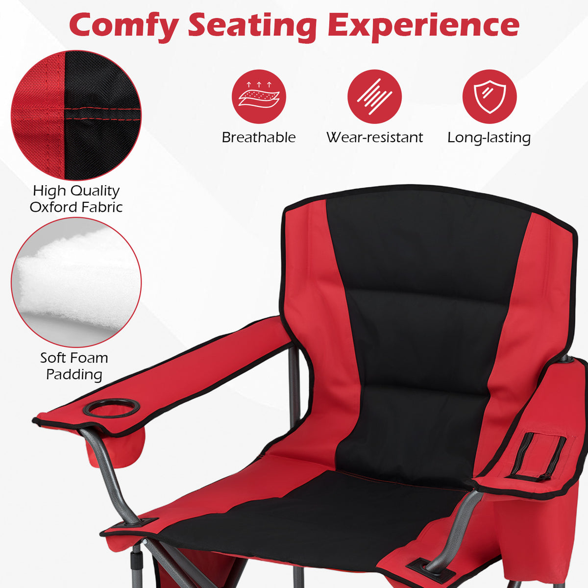 Portable Oversized Camping Chair with Zippered Cooler Pouch and Cup Holder-Red