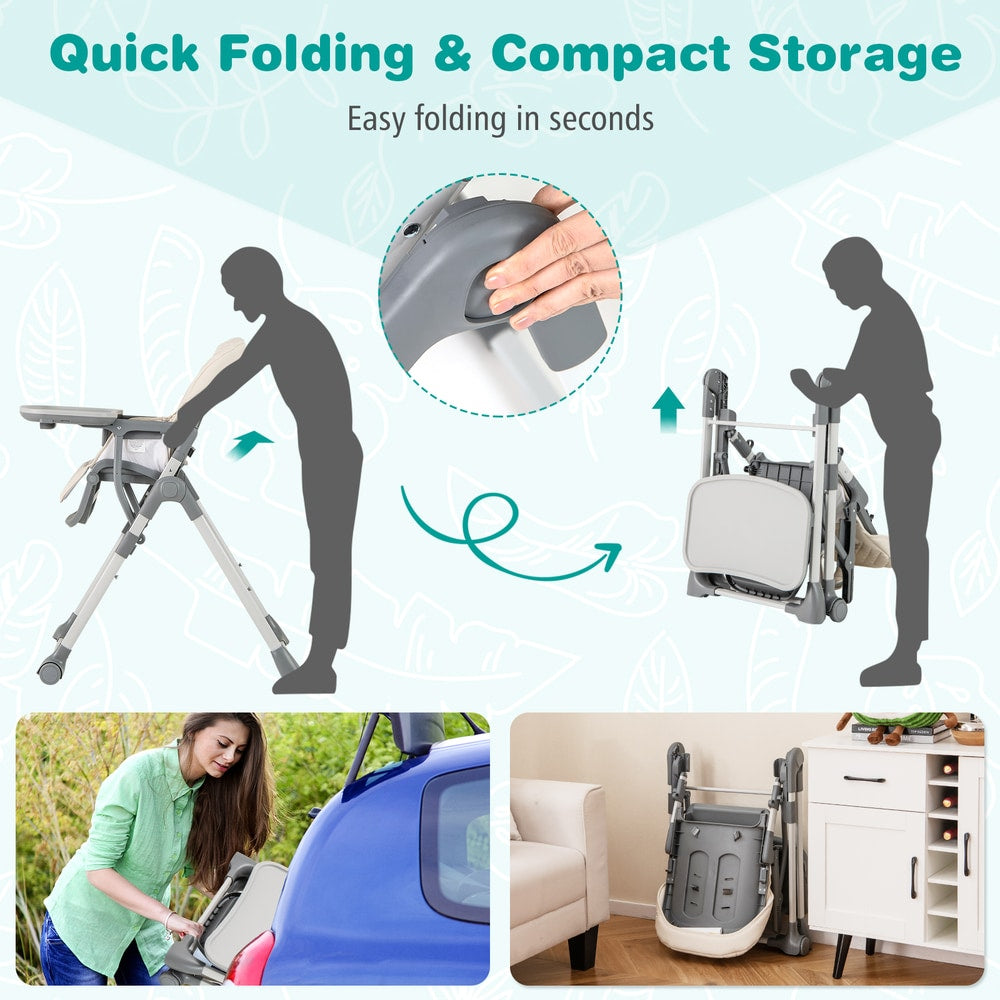 Portable Adjustable Highchair, the beige high chair is demonstrated being folded and stored compactly in a car boot