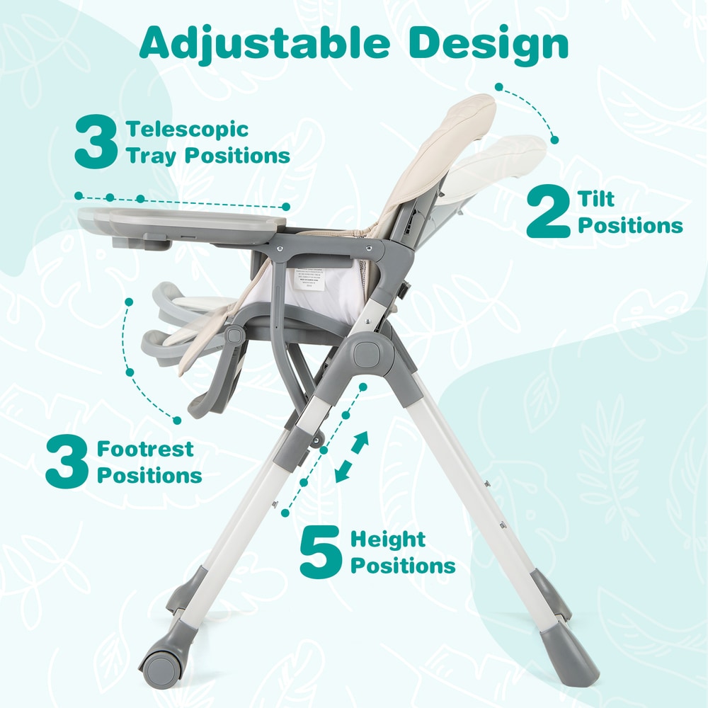 Adjustable design features of the beige high chair including tray, footrest, tilt and height