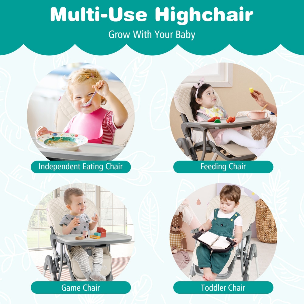 Portable Adjustable Highchair, the beige high chair is shown in four different modes: eating, feeding, game, and toddler