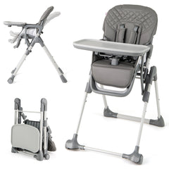 The grey baby high chair shown in upright and folded positions