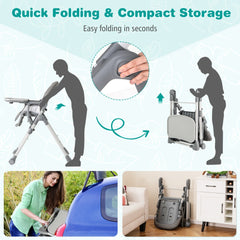 The grey baby high chair being folded and stored in a car and room