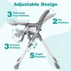 The high chair showing adjustable tray, tilt, footrest and height settings