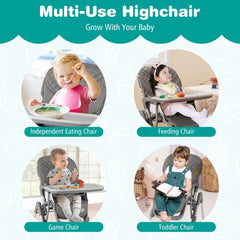 The grey baby high chair shown in four different daily activity modes