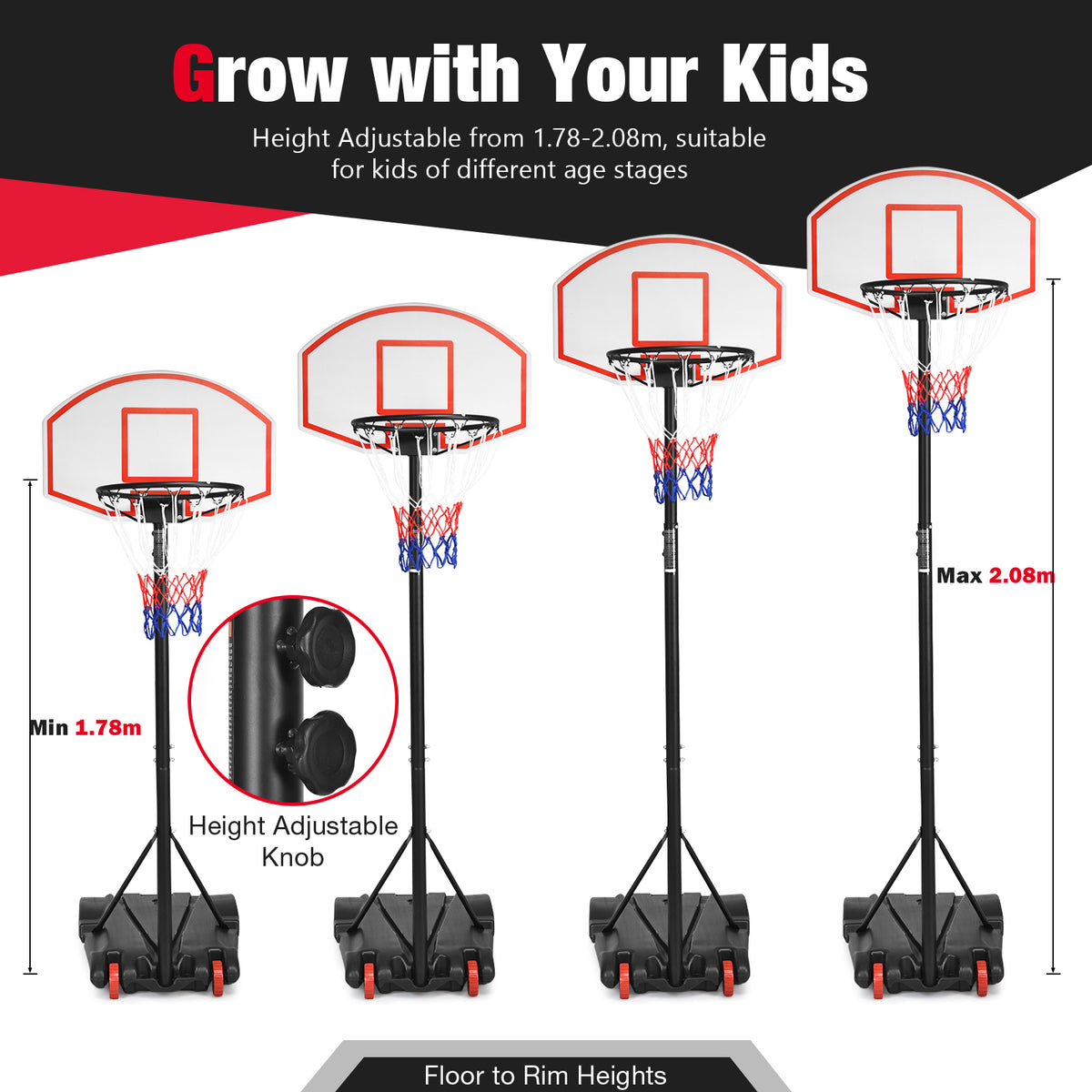 Portable Basketball Hoop with Wheels and 28" Backboard for Kids Youth Adults and Family