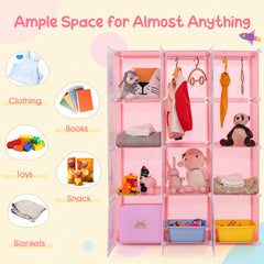 Portable Children Wardrobe with 12 Cubes and 2 Clothes Hanging Section-Pink