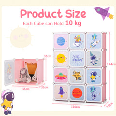 Portable Children Wardrobe with 12 Cubes and 2 Clothes Hanging Section-Pink