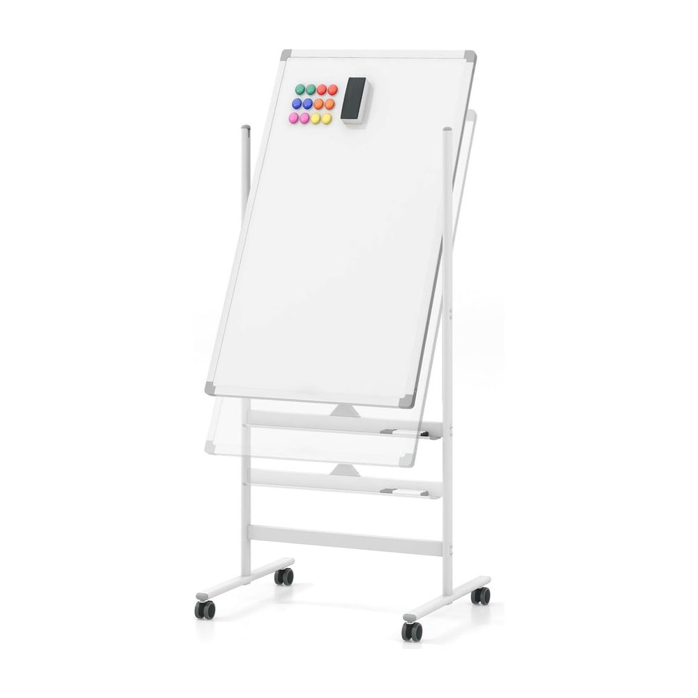 Reversible Rolling White Board with colourful magnets and an eraser on the surface