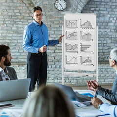 The home office board used by a man presenting graphs to colleagues in a meeting room