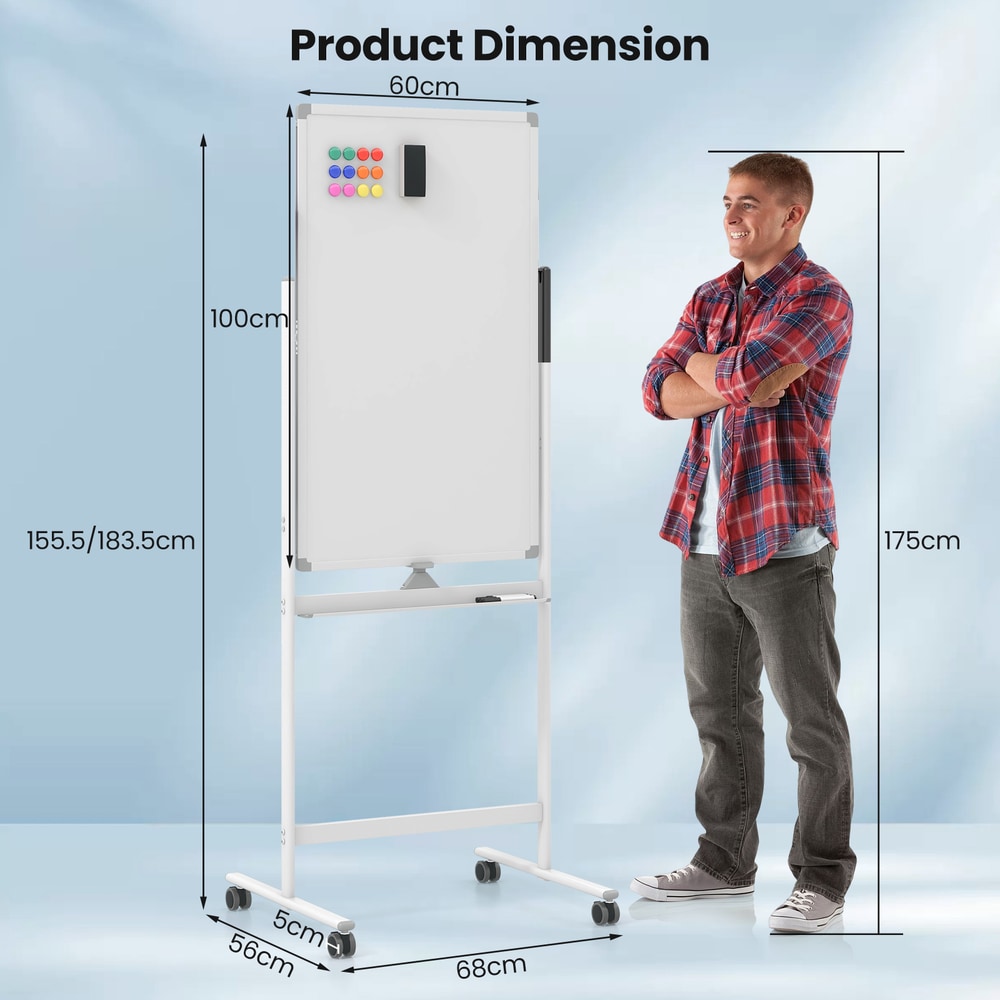 The home office board next to a man to show the scale and product dimensions