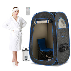 The steam sauna tent set up with a chair and a person in a bathrobe