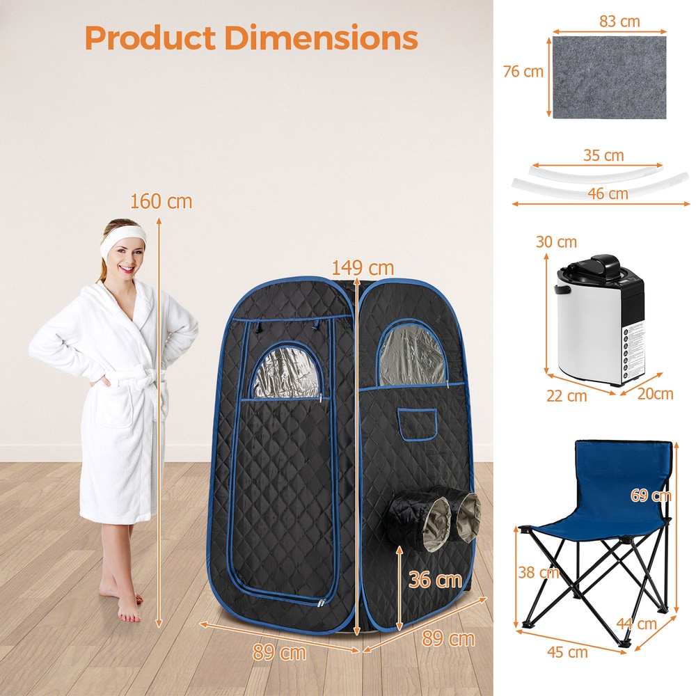 The steam sauna tent shown with detailed dimensions and measurements
