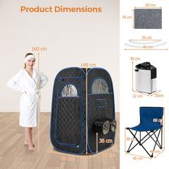 The steam sauna tent shown with detailed dimensions and measurements