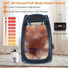 The steam sauna tent showing the internal heating and control settings