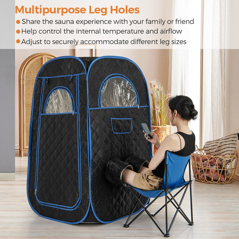 The steam sauna tent with a person using the leg holes for a treatment