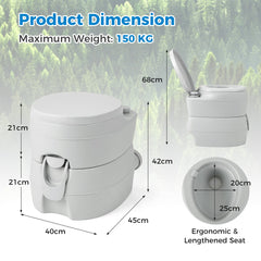 A diagram showing the dimensions of the portable toilet, including height and width