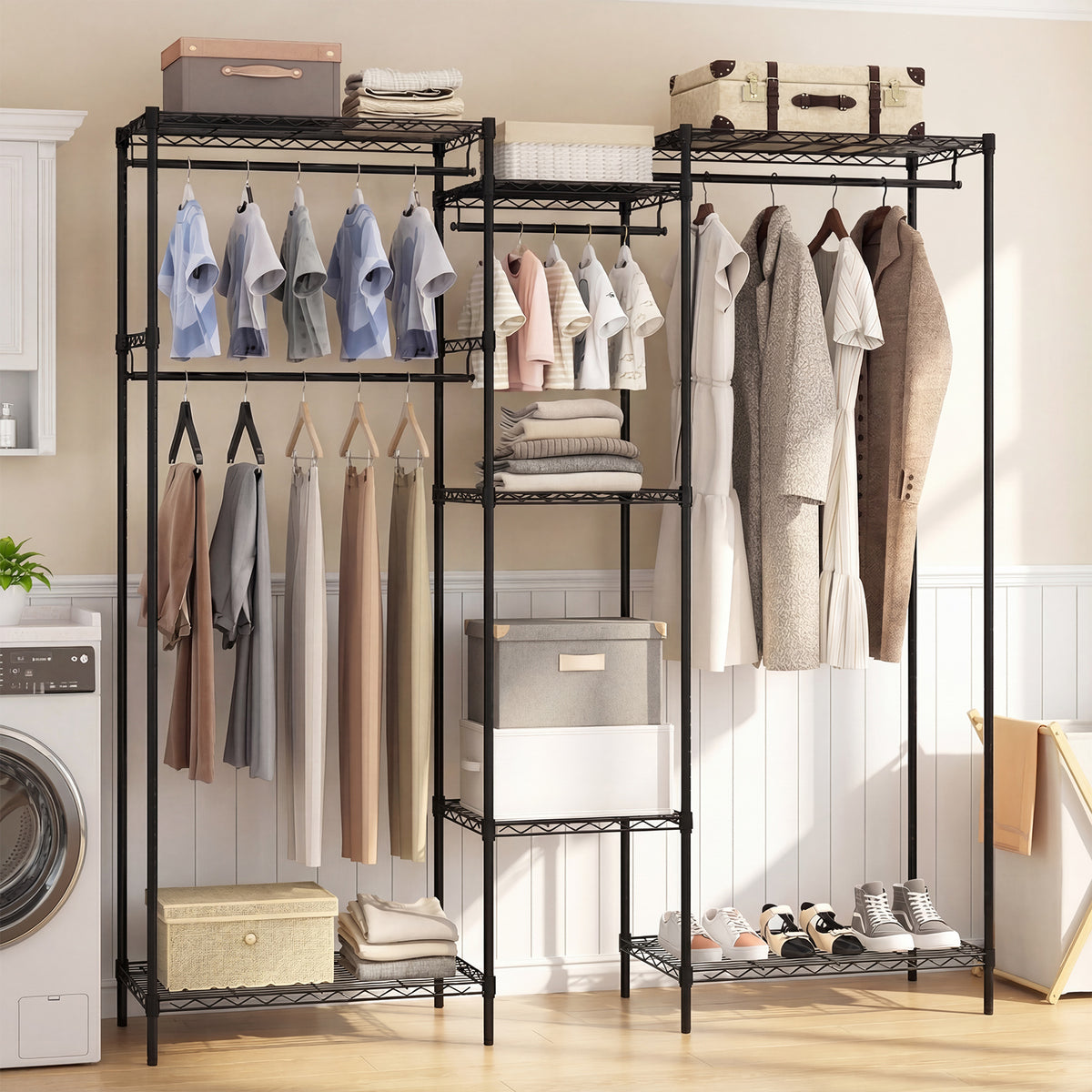 Portable Wardrobe Convertible Clothes Organizer with L-shape and Horizontal Installation-Black