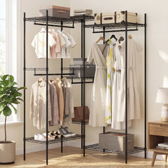 Portable Wardrobe Convertible Clothes Organizer with L-shape and Horizontal Installation-Black