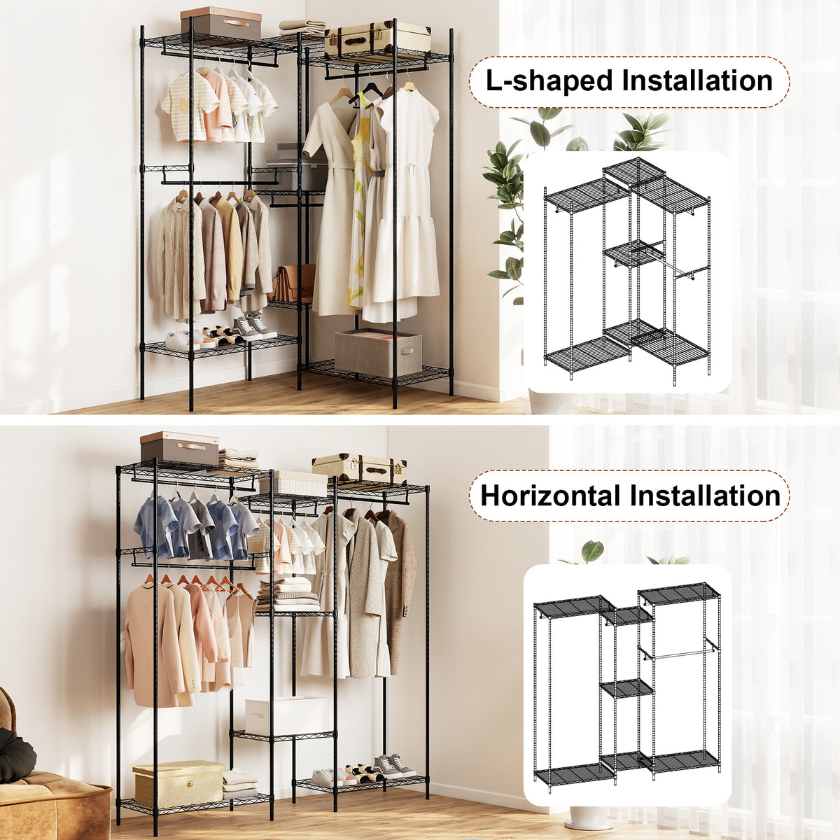Portable Wardrobe Convertible Clothes Organizer with L-shape and Horizontal Installation-Black